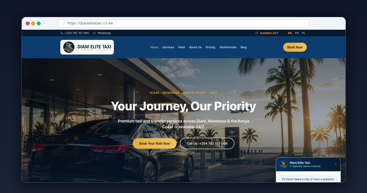 Diani Elite Taxi coastal transport website screenshot