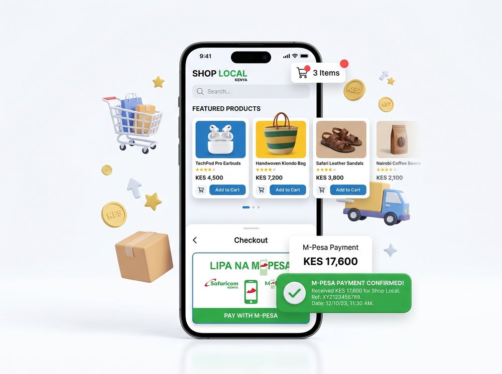 Online store with product catalogue and an M-Pesa Daraja API checkout prompt confirming payment on a phone in Kenyan Shillings