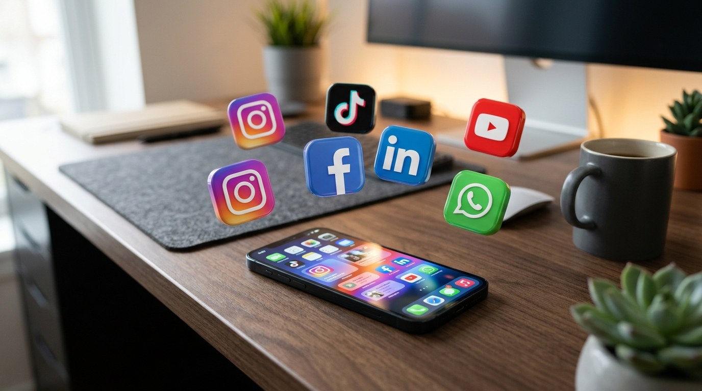 Social Media Management Kenya - Modern smartphone with 3D Instagram, TikTok, LinkedIn, and Facebook icons for brand growth